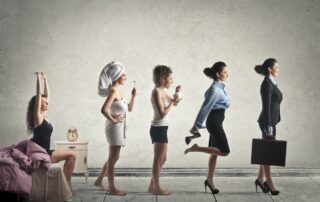 A woman going from waking up to ready for work. Showing a routine.