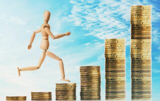 A human figure running and stepping on stacks of coins that increase in size