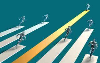 Multiple people running a race. One is winning and showing a much faster pace.